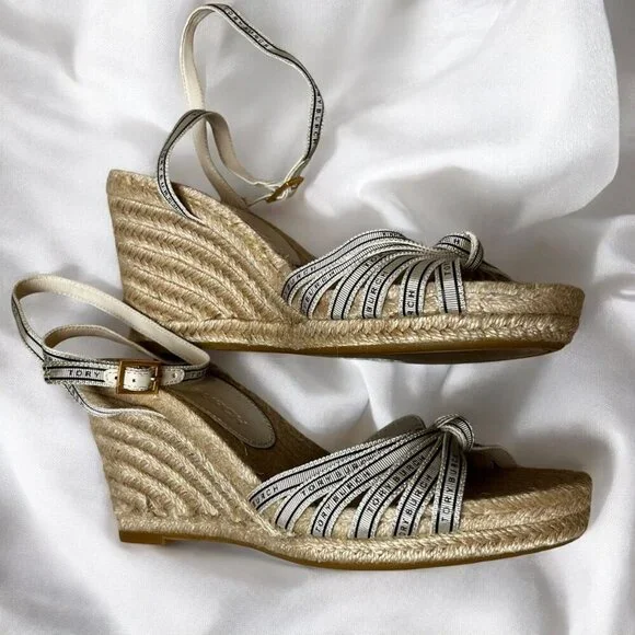 Tory Burch White Beige Logo Ribbon Wedge Espadrille Platform Sandals Heels Sz 9 - Picture 5 of 8
